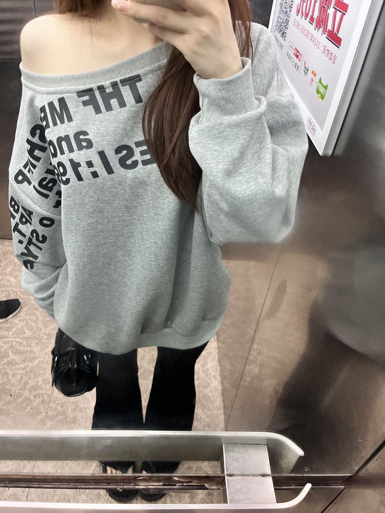 American-style Retro Crossbody Sweat Women's Autumn Letter Printed Grey Long-sleeved oversize Loose Hot Girl Trendy Top