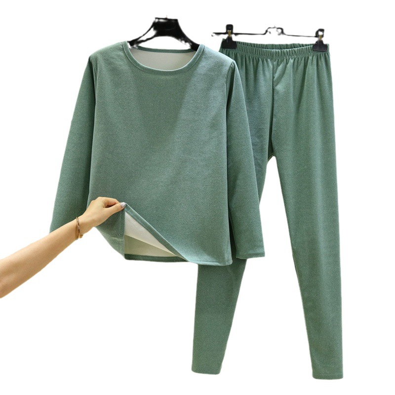 German velvet warm suit women's autumn and winter solid color new sanding base autumn clothes long pants plus size fleece-lined two-piece set
