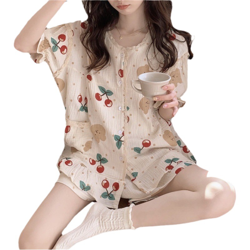 Japanese sweet pajamas women's summer short-sleeved round neck cardigan women's bubble wrinkle soft baby cotton home wear suit