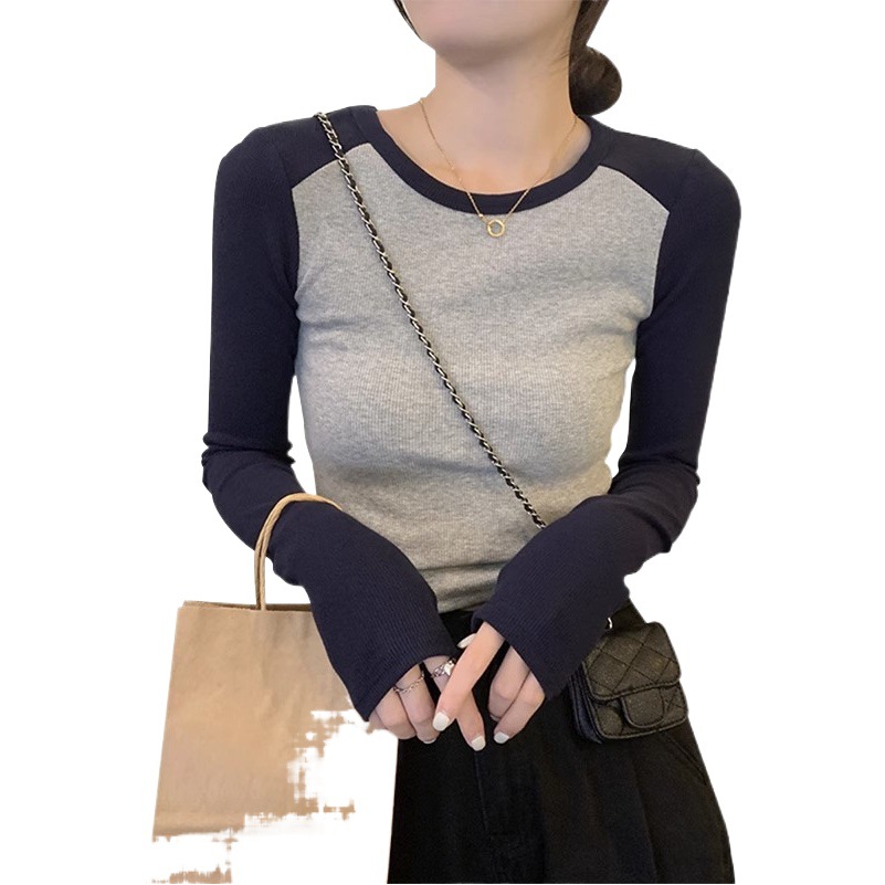 New contrast color long-sleeved T-shirt spring and autumn inner bottoming shirt design sense hot girl slim short top cross-border supply