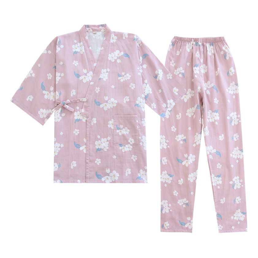 Japanese Style Kimono Pajamas for Women Spring & Fall Thin Pure Cotton Gauze Cute Three-Quarter Sleeve Thin Loose Home Clothes Set