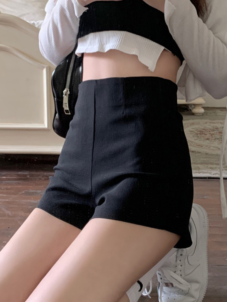 Black High-Waisted Slimming Fashion A-Line Shorts for Women, Summer 2024, with Three-Dimensional Decoration, Bootcut Style