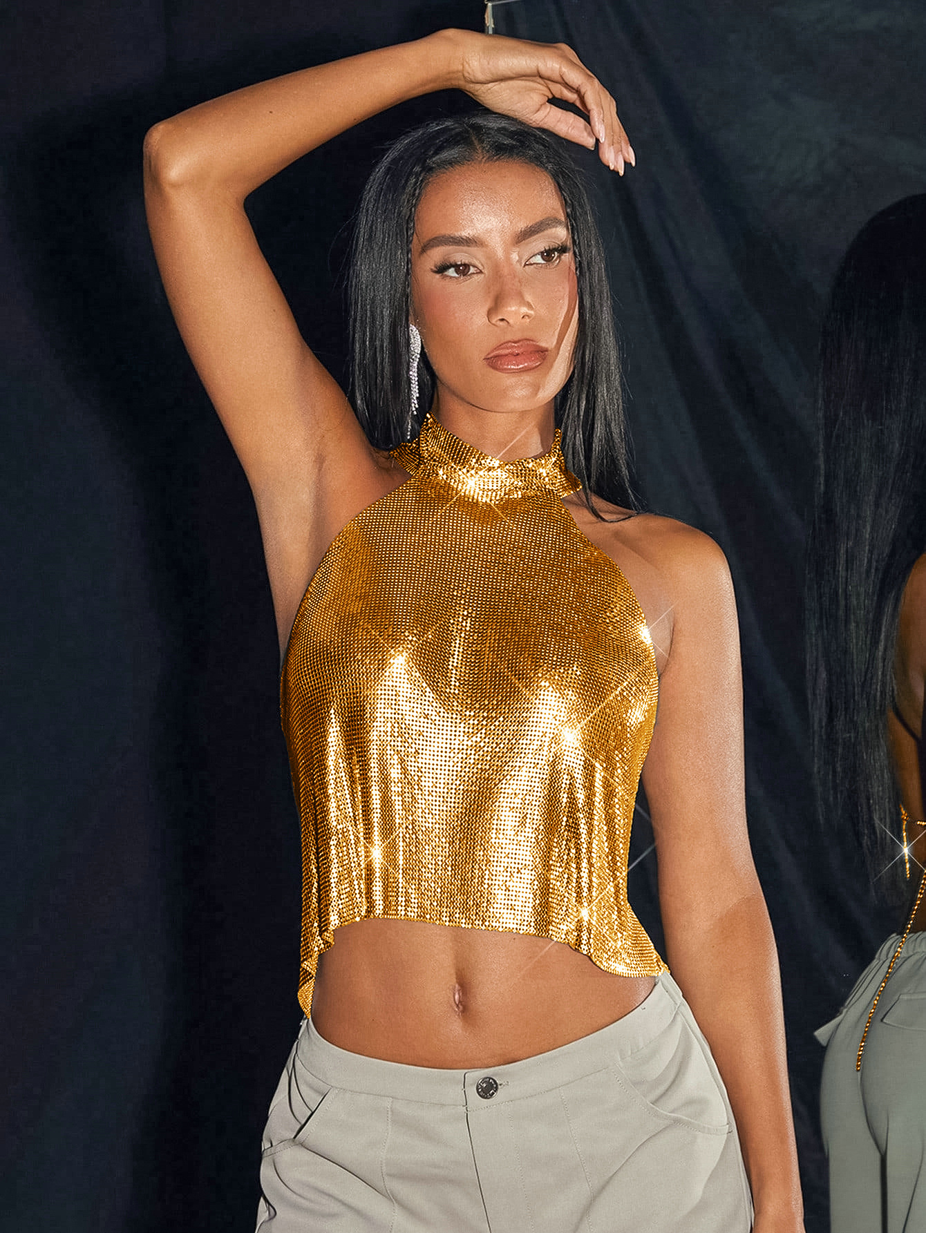 European and American New Spice Girl Top Amazon Cross-border Vest Metal Sequin Sling Nightclub Flash Diamond Hanging Neck Vest for Women