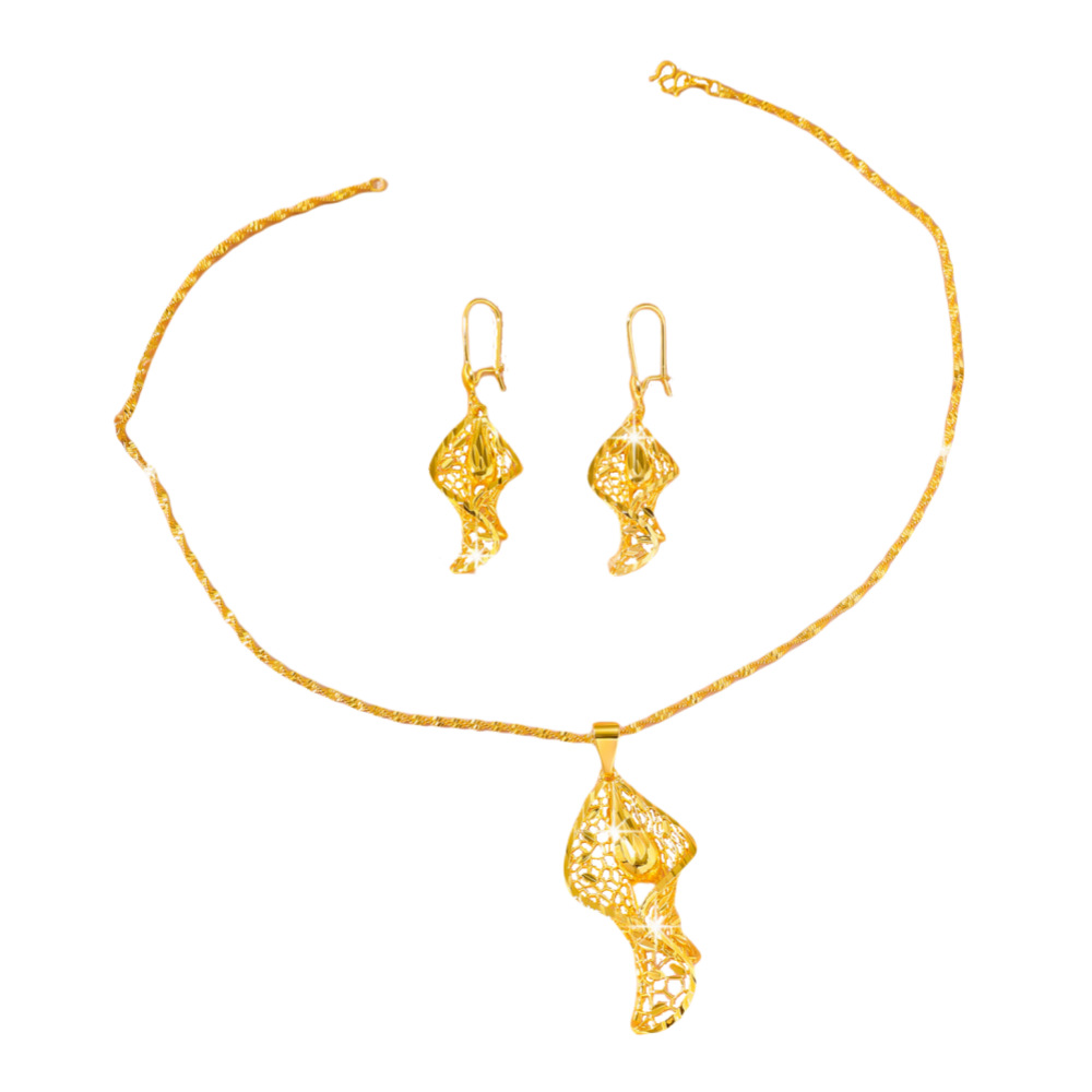 Picture of Middle East Dubai Wedding suit Jewelry Vietnam Sand Gold Hollow Leaves Water Drop Necklace Earrings Long-term Color-free Jewelry