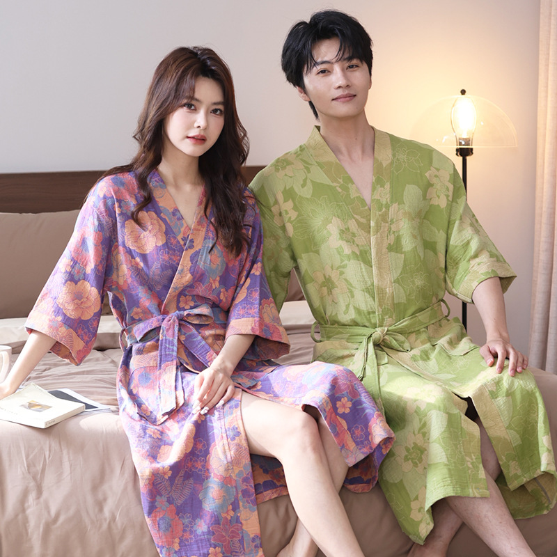 Picture of Class A Spring and Summer Thin Pajamas Pure Cotton Double Gauze Bathrobe Home Clothes Nightgown Couple's Water Absorbent Quick-drying Bathrobe