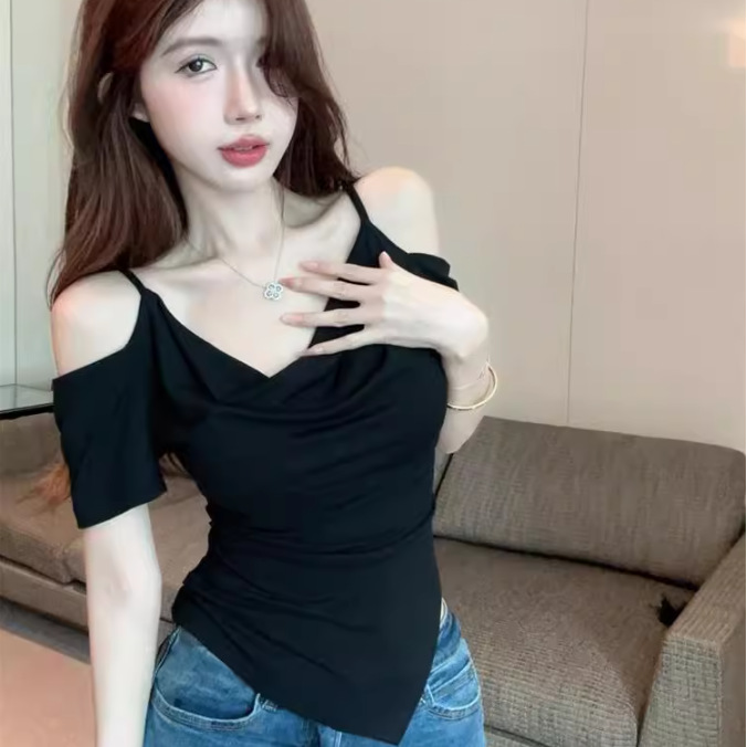 Picture of Slim Fit, Simple Style, Off-Shoulder, Asymmetrical Elegant, Black Short-Sleeved T-Shirt, Summer Design Top 5525