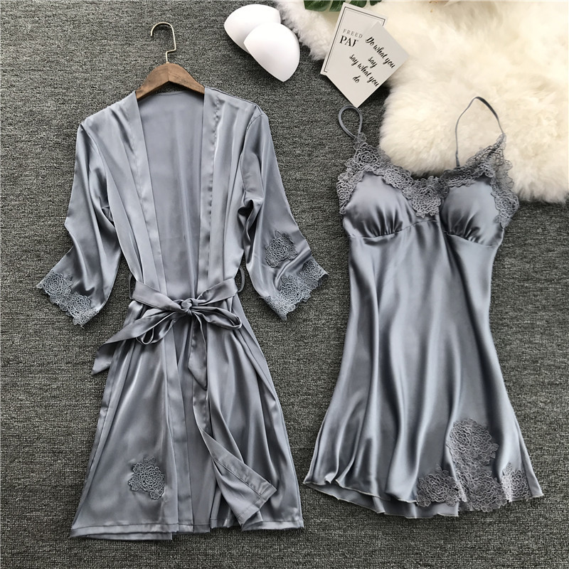 Picture of Spring and Summer New Sexy Sling Nightgown Nightgown Nightgown Set Wholesale Silk Home Clothes with Chest Pad Nightgown Women