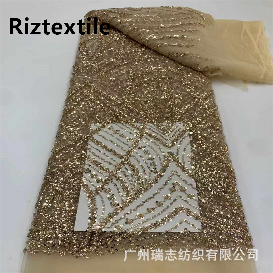 Picture of Chain line flower bead embroidery fabric European and American stereo sequins embroidery dress lace French lace