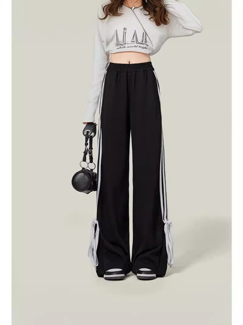 Bow sports pants women's pants spring and autumn 2024 New High waist casual wide leg pants loose straight striped sweatpants