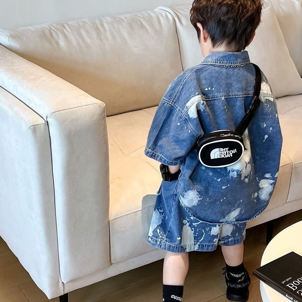 Boys' Splash Paint Denim Suit 2024 Summer New Short-sleeved Shorts Children's Korean Trendy Coat Trendy Pants