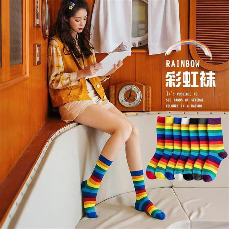 New Rainbow High Socks Women's Fashion Street Socks Ins Autumn and Winter Contrasting Color Striped Couple Stockings Candy Socks