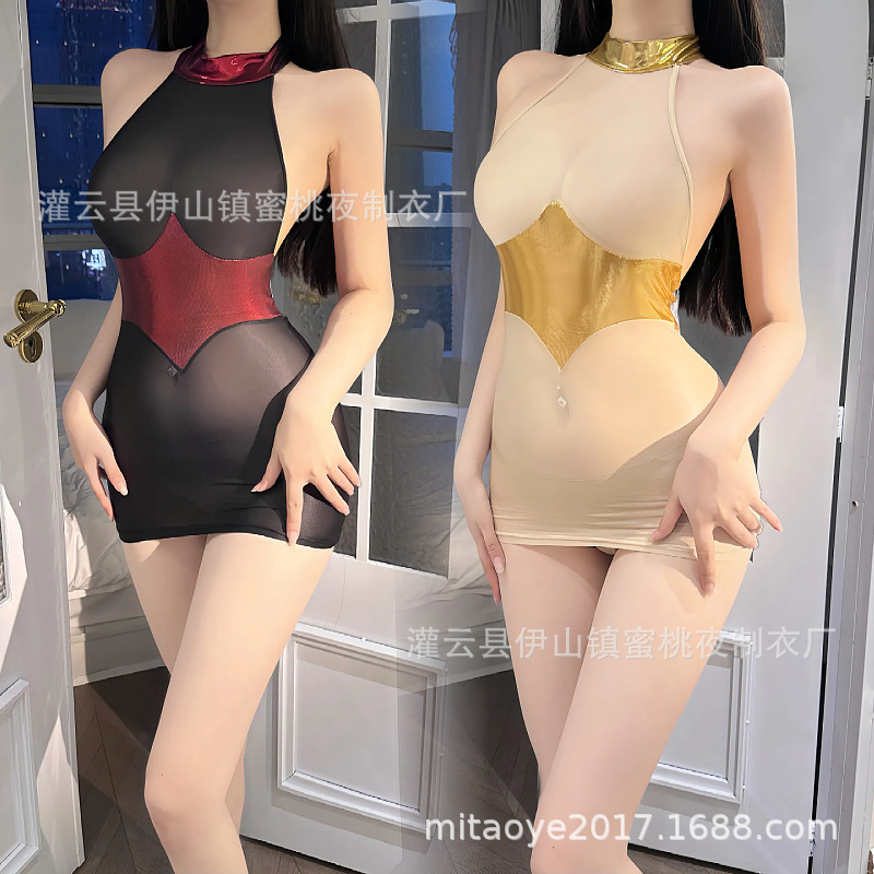 Sexy Lingerie, Sexy Black and Red Patent Leather Splicing See-Through Skirt, Transparent Couple Flirting Pajamas, Nightclub Hip-Hugging Skirt