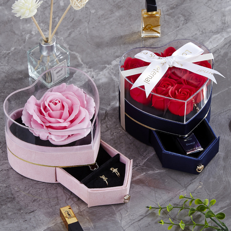 Picture of Heart-shaped Flower Box New Rose Drawer Silk Acrylic Ring Necklace Lipstick Valentine's Day Birthday Gift Box