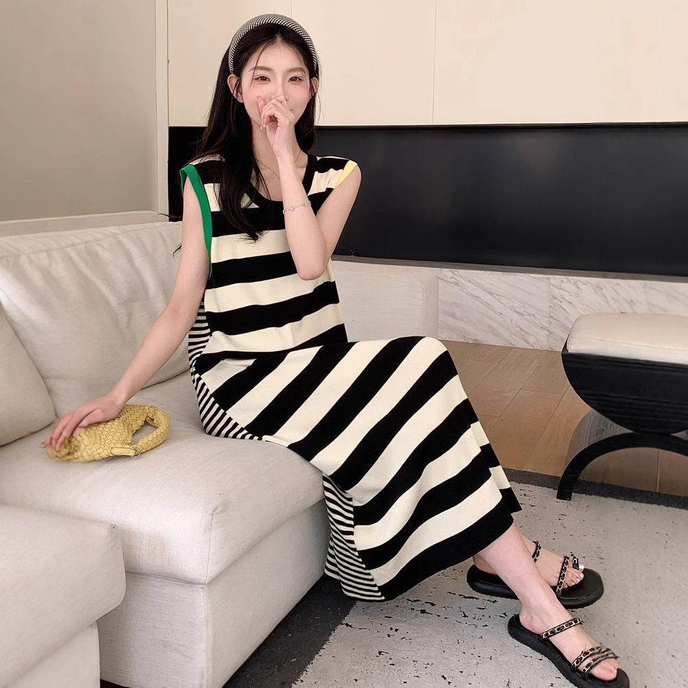 Korean Style Lazy Style Black and White Stripe Vic Dress Long Dress 2025 Summer New Casual Loose Sleeveless dress