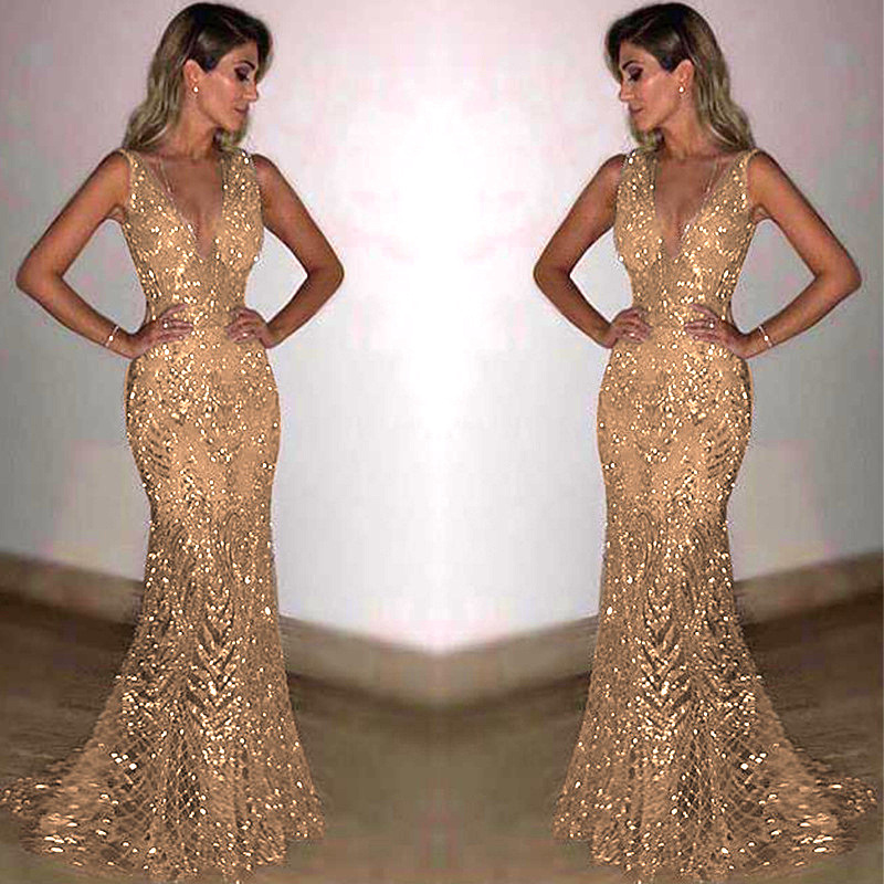 Picture of 2025 Annual Meeting Evening Dress Women's Long Sleeveless Foreign Trade Women's Amazon Sexy Deep V Sequin Dress Women
