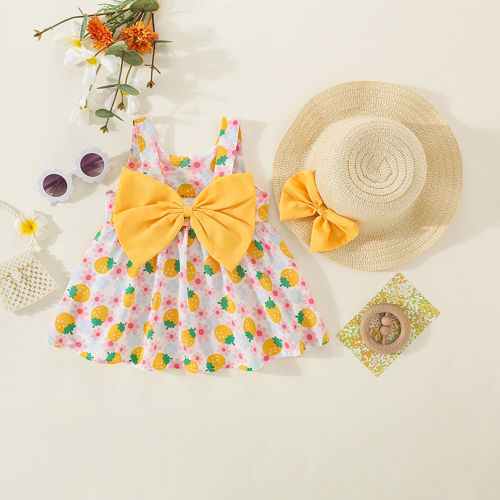 Summer Children's Dress 2023 New Children's Wear Strawberry Flower Back Bow Sleeveless Chiffon Girl's Dress with Hood