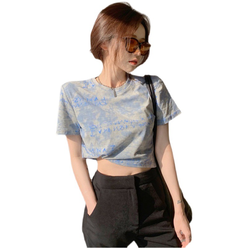 Letter Tie-Dye Short Women's Top Short-Sleeved T-Shirt Women's ins Trendy Summer Casual Base Shirt Women's Clothing One-Piece Hair