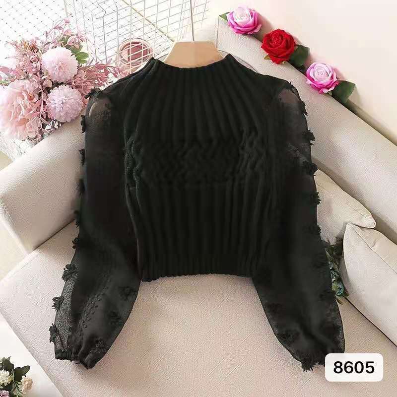 Picture of Super Fairy Puff Sleeve Mesh Splicing Round Neck Tight Slimming Short Sweater Petite Sweater