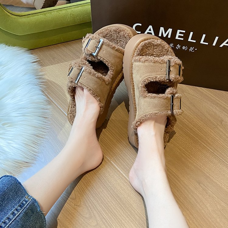 2024 Autumn and Winter New Frosted Fur Shoes Women's Thick Bottom Birkenneth Shoes Outer Wear fleece-lined Warm Cotton Slippers
