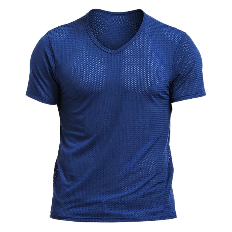 Men's T-shirt Mesh Ice Silk V-neck Summer Solid Color Base Shirt Inner Wear Slim-fit Short-sleeved Underwear Thin Sweatshirt Round Neck