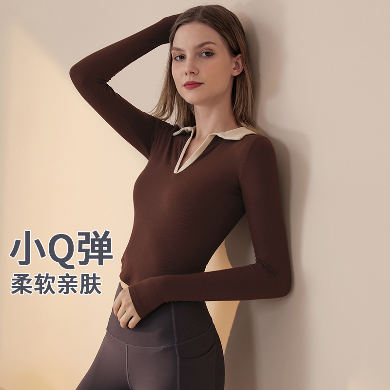 Cross-border Lapel Sports Top Women's Breathable Pilates Long-sleeved Slim-fit Yoga Suit Running Training Fitness T-shirt