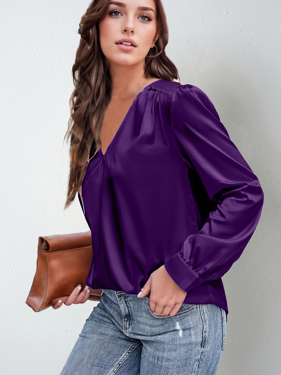 Picture of 2025 Amazon Popular Women's Clothing Satin Pleated Long-Sleeved Top V Neck Casual Loose Satin Commuter Shirt