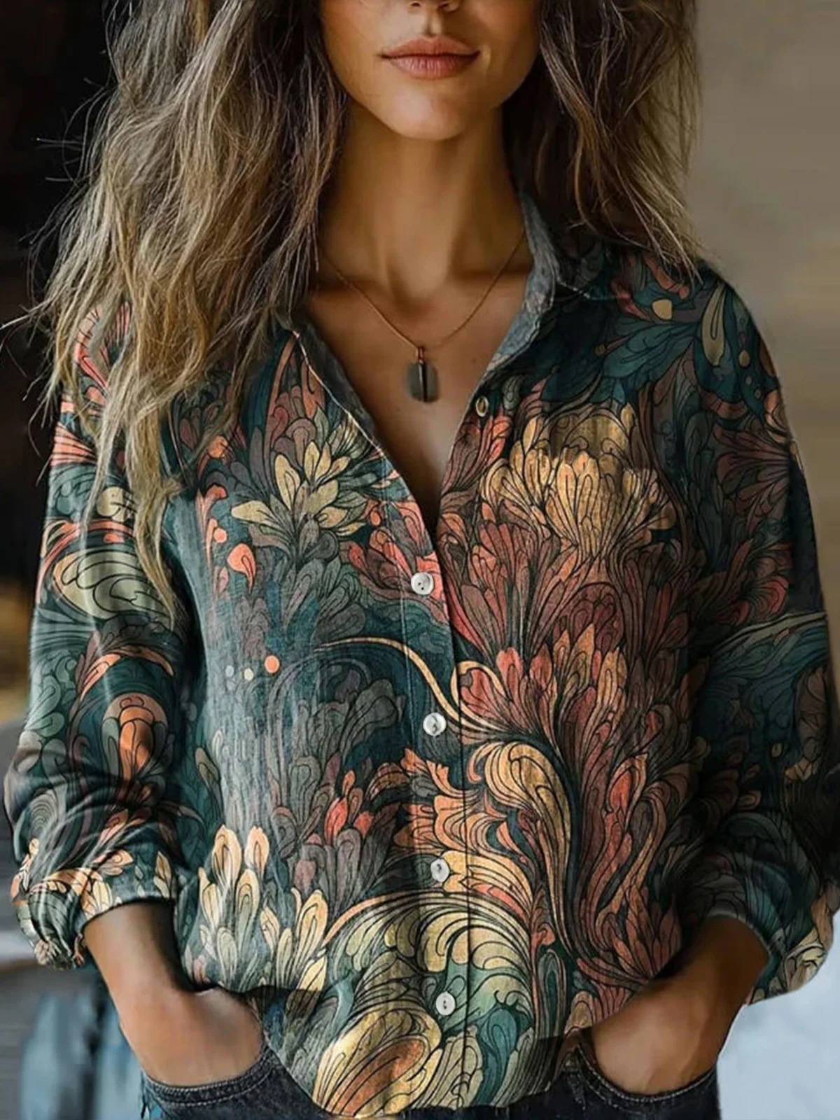 Picture of 2025 Cross-border European and American Foreign Trade Women's Spring and Summer New Retro Printed Long-sleeved Casual Shirt Imitation Cotton and Linen Shirt