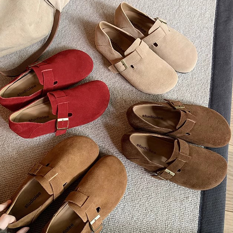 Grape Mom's New Autumn and Winter Genuine Leather Slip-On All-Inclusive Heel Buckle Flats Lazy Big Toe Birkenstock Women's Shoes