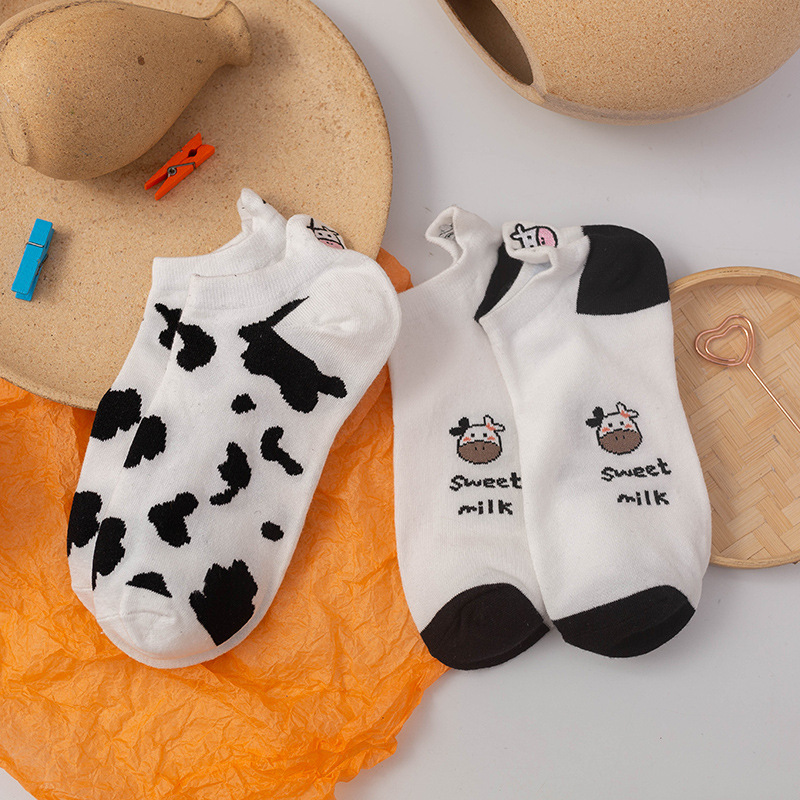 Picture of Black and White Cow Country Sweet Cute Japanese Short Socks Embroidered Striped Cartoon Boat Socks