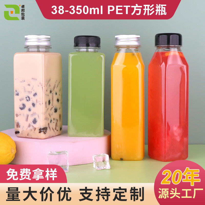 38 Mouths 350ml Square Bottle Food Grade Pet Transparent Square Plastic Bottle Disposable Juice Drink Bottle with Lid
