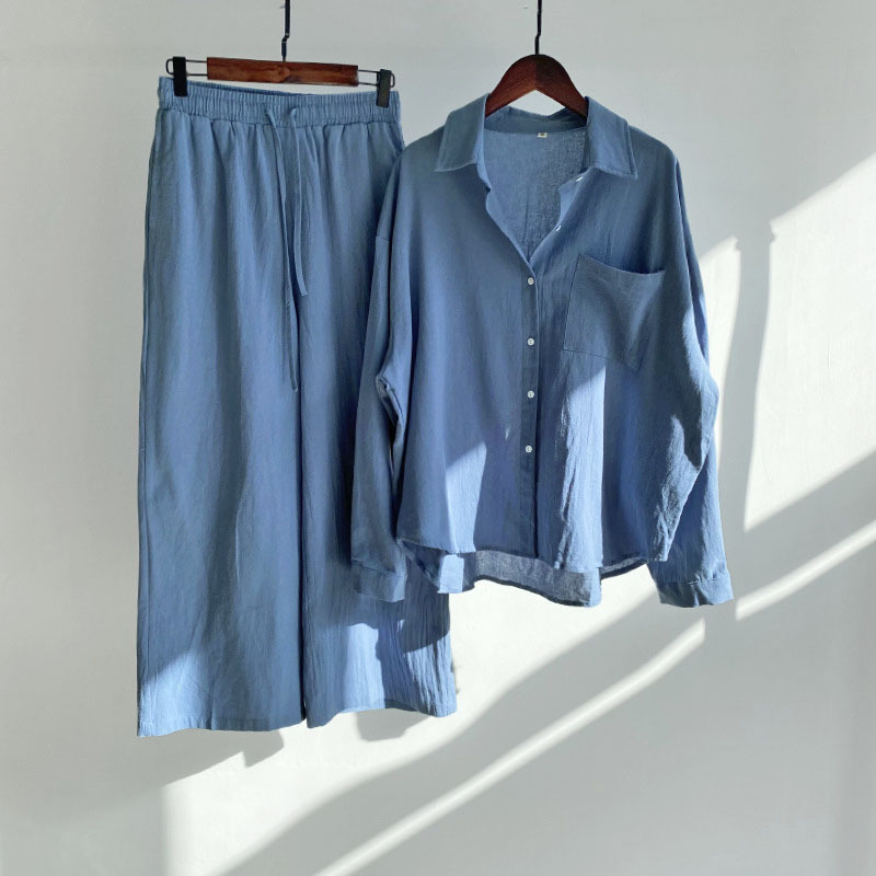 Picture of Cross-border Amazon Women's 2-piece Vintage Plus Size 2022 Cotton and Linen Shirt Set High Waist Loose Trousers