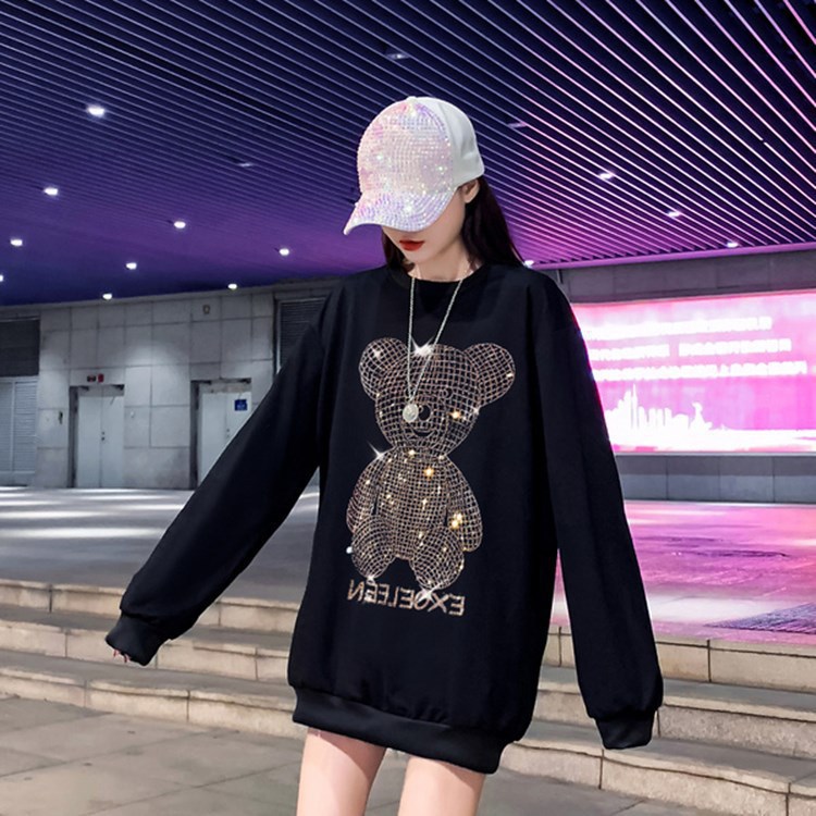 Gold Diamond Sparkling Hot Rhinestone Mid-length Sweat Women's Long-sleeved Autumn and Winter New Women's Fashionable Internet Trendy fleece-lined Top