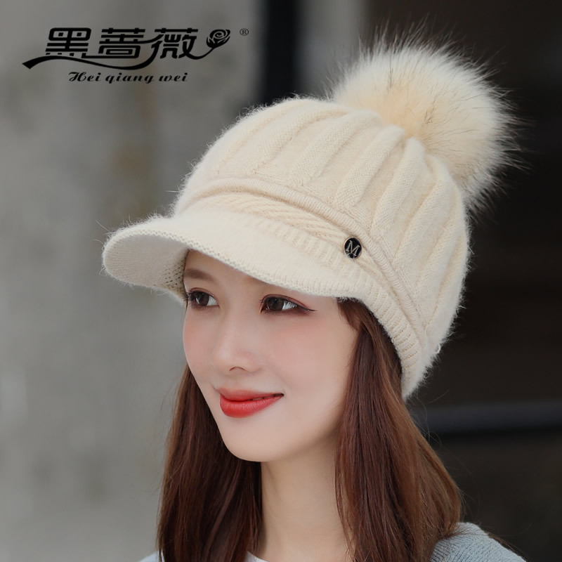 Korean New Rabbit Fur Knitted Baseball Cap Women's Solid Color Warm Wool Cap Autumn and Winter Ear Protection Face Small Velvet Hat