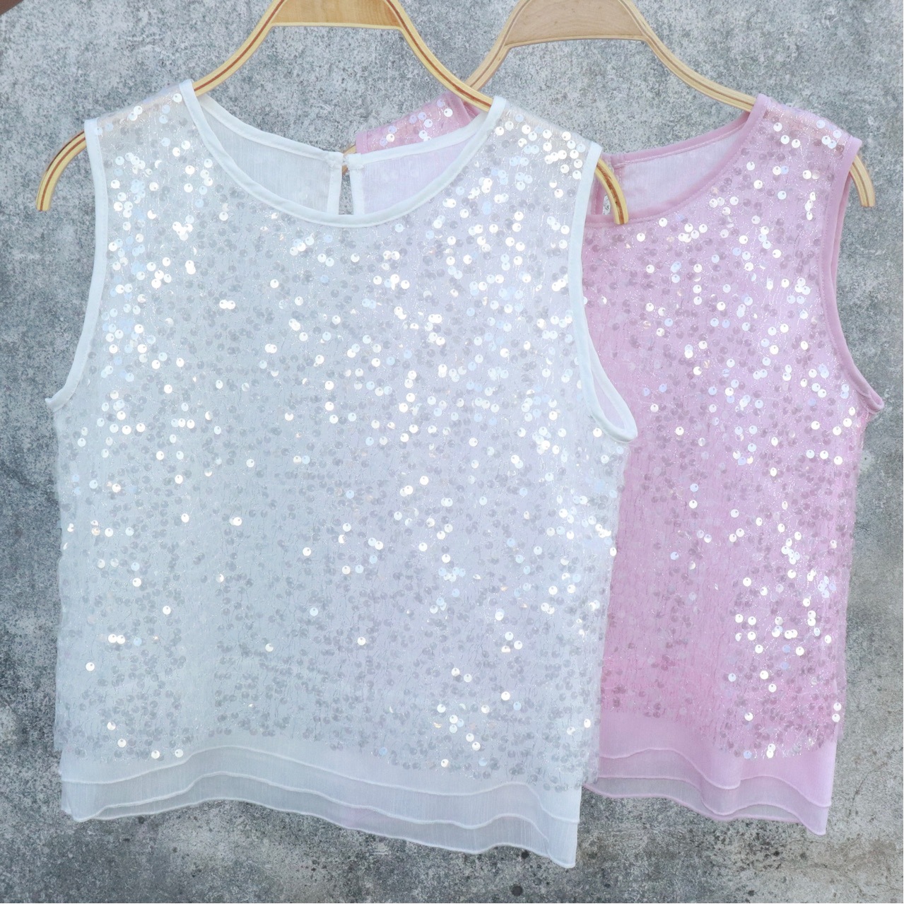Heavy Industry Stitching Sequin Sleeveless Vest Women's Summer New Design Sense All-match Western Style Round Neck Sweet Shirt Top