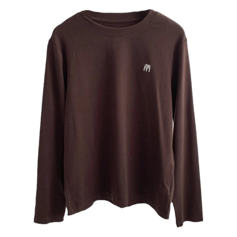 Double-sided Velvet Sanding Elephant Embroidered Crewneck Long-sleeved T-shirt Women's Autumn and Winter Loose White Thickened Base Shirt