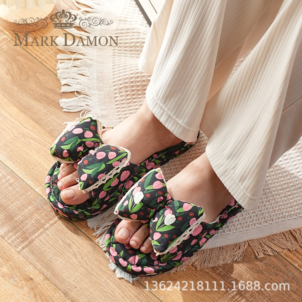 Korean Style New Fabric Slippers for Women, Four-Season Home Use, Soft-Soled Wooden Floor, Silent and Comfortable Cloth-Soled Three-Layer Cloth-Soled
