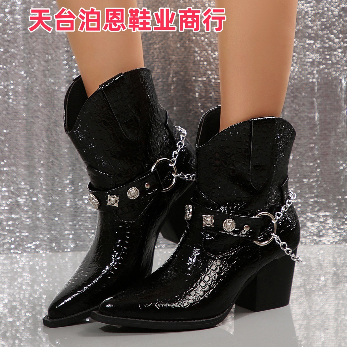 Picture of 2025 European and American Fashion New In-Stock High-Heel Women's Leather Boots, Export Large Size Pointed Toe Belt Buckle, One-Foot Chunky Heel Boots