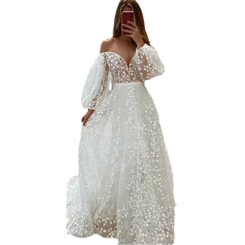 European and American hot sale plus size long sleeve V-neck high waist pregnant women's light yarn trailing wedding bridesmaid dress Bund travel long dress