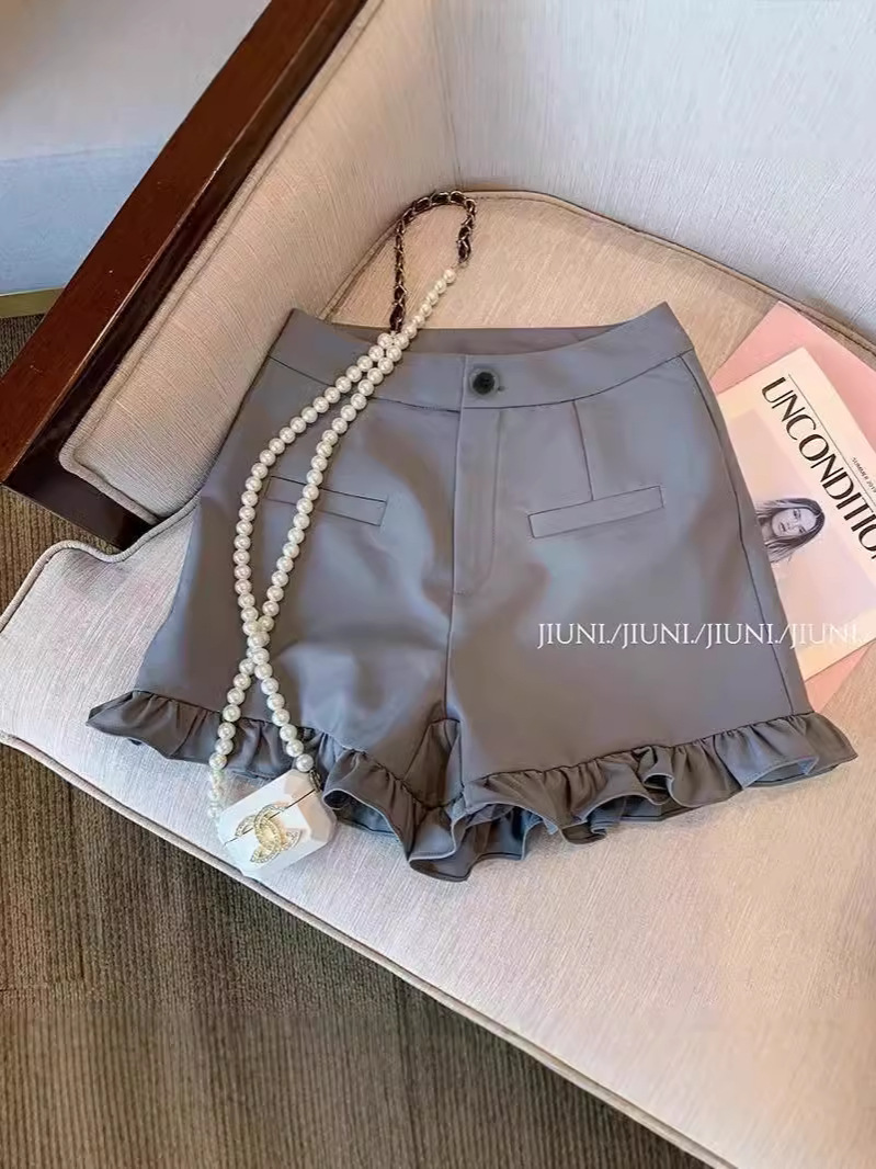 plus size Grey Ruffle Casual Shorts Women's 2024 Summer New High Waist Slim-Fit Slimming All-Match Short Pants