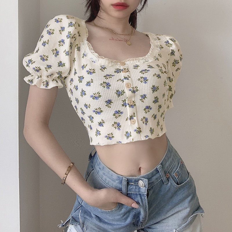 2023 Summer Retro Floral Waffle Short Spice Girl T-shirt Women's Collar Bubble Sleeve Dew Navel Top Trendy
