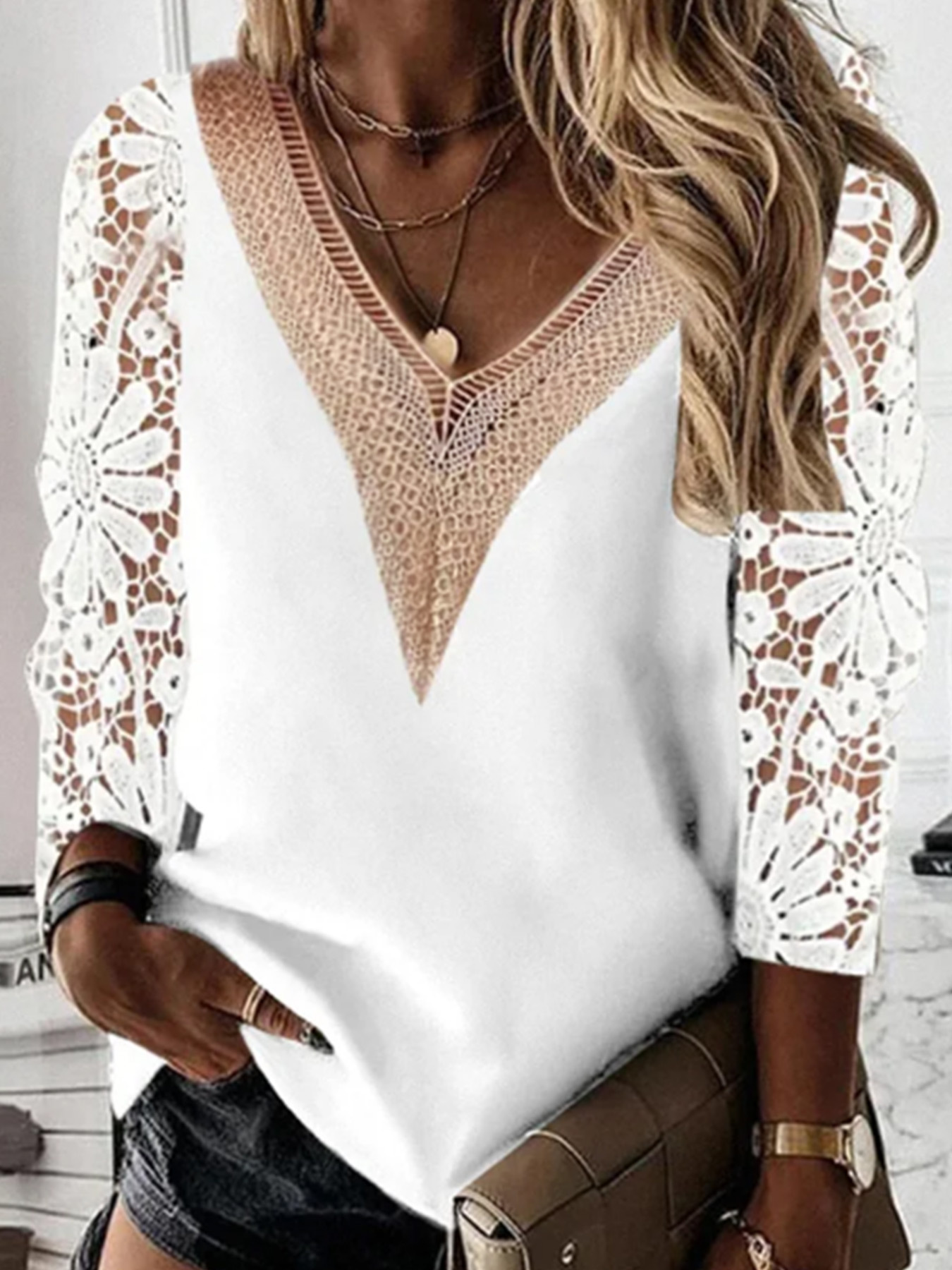 Foreign trade cross-border Europe and the United States Amazon source manufacturers lace long sleeve v-neck pullover hollow knitwear spring and autumn winter