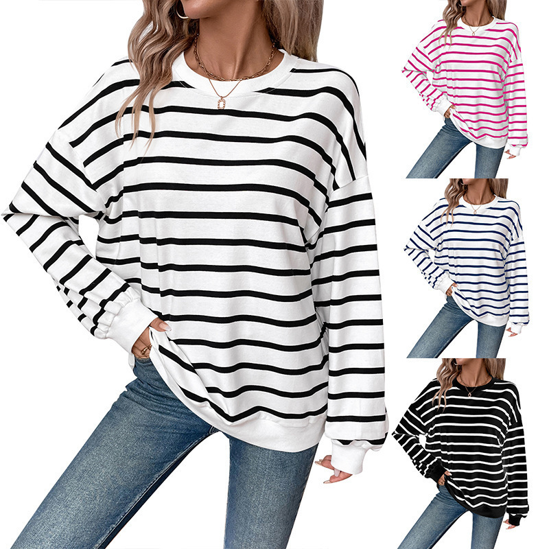 Cross-border women's 2024 autumn and winter new TK Amazon explosion round neck long sleeve loose casual striped sweater women's clothing
