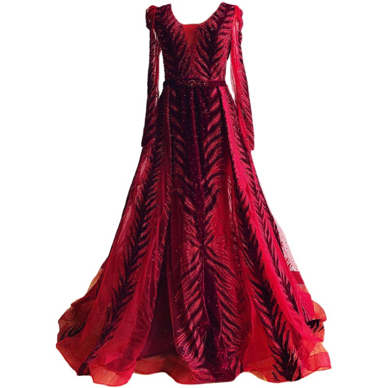 Picture of Wine Red Velvet Large Size Long Bride Wedding Toast High-end Atmospheric Banquet Evening Dress LA60903