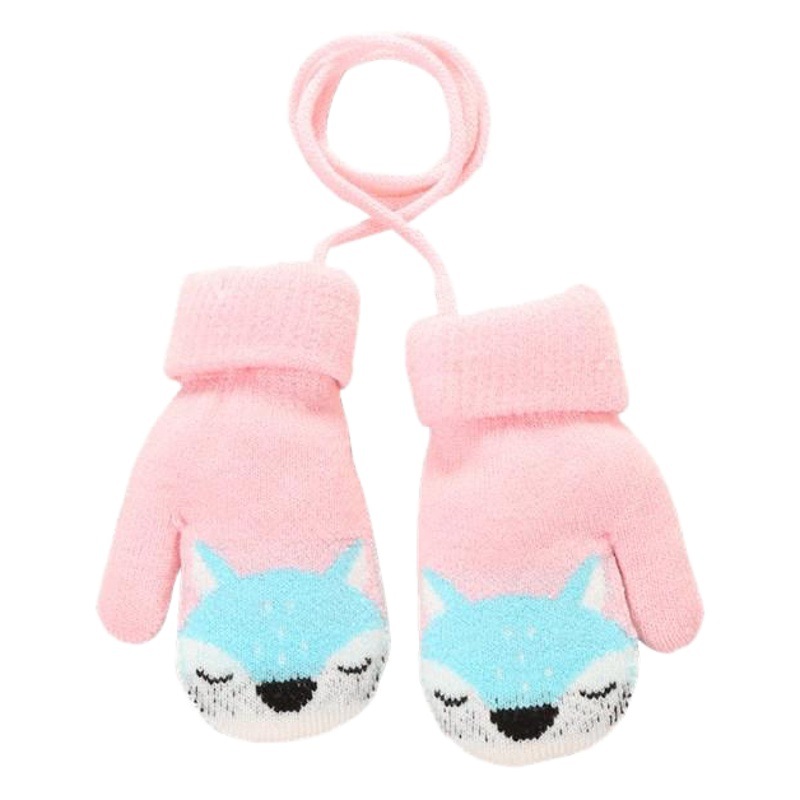 3-Year-Old Cute Little Fox Winter Double-Layer Knitted Wool Fleece-Lined Thick Outdoor Warm Gloves Cartoon for Boys and Girls