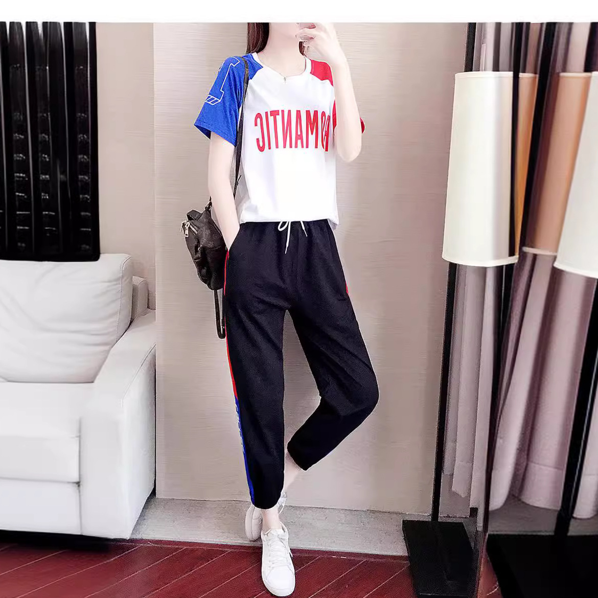 Summer New Trendy Sports suit Flow Hip-Hop Contrast Color Printed Short-Sleeved T-Shirt Cuff Pants Two-Piece Women's Clothing