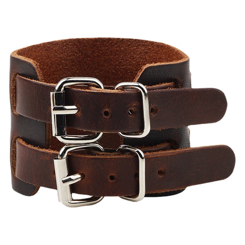 Temu Vintage Real Cowhide Bracelet European and American Widened Cowhide Double Buckle Head Bracelet Men's Advanced Punk Style Bracelet