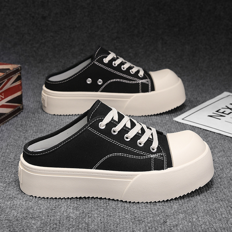Canvas Men's Shoes Summer Breathable All-match Casual Big-head Skate Shoes for Lazy Slip-on Sports Heel-free Baotou Half-drag