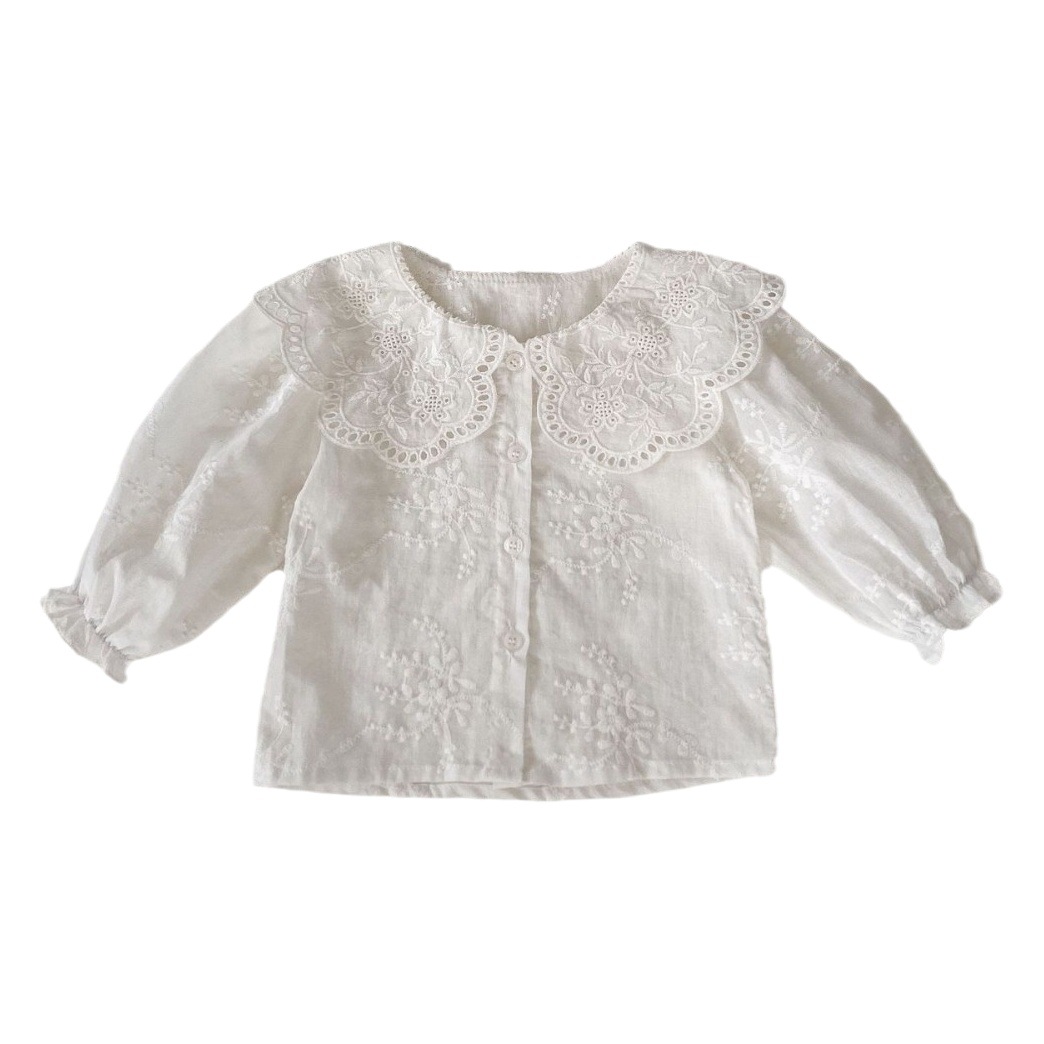 Picture of 2025 New Baby Clothes Spring Korean Style Baby Girl Solid Color Large Lapel Shirt Suspender Bag Pants Two-Piece Set