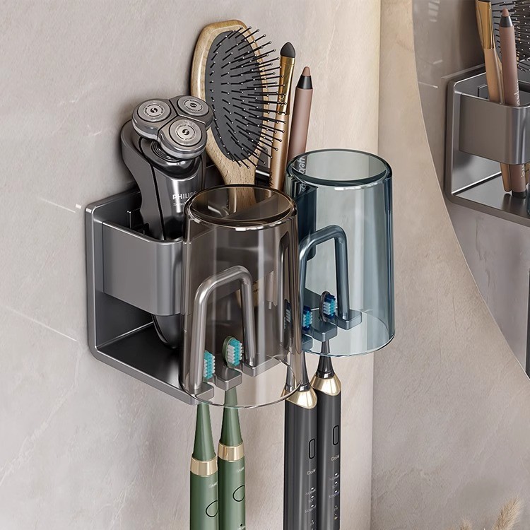 Picture of Toothbrush Storage Rack Non-Punch Brush Cup Mouthwash Cup Rack Wall-Mounted Bathroom Household Toothware Hanger