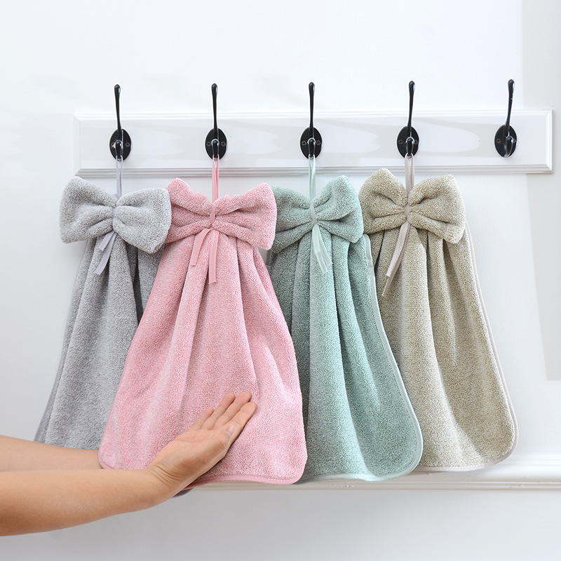 Coral Fleece Bow Plain Color Towel Cleaning Cloth Hanging Absorbent Soft Household Small Towel